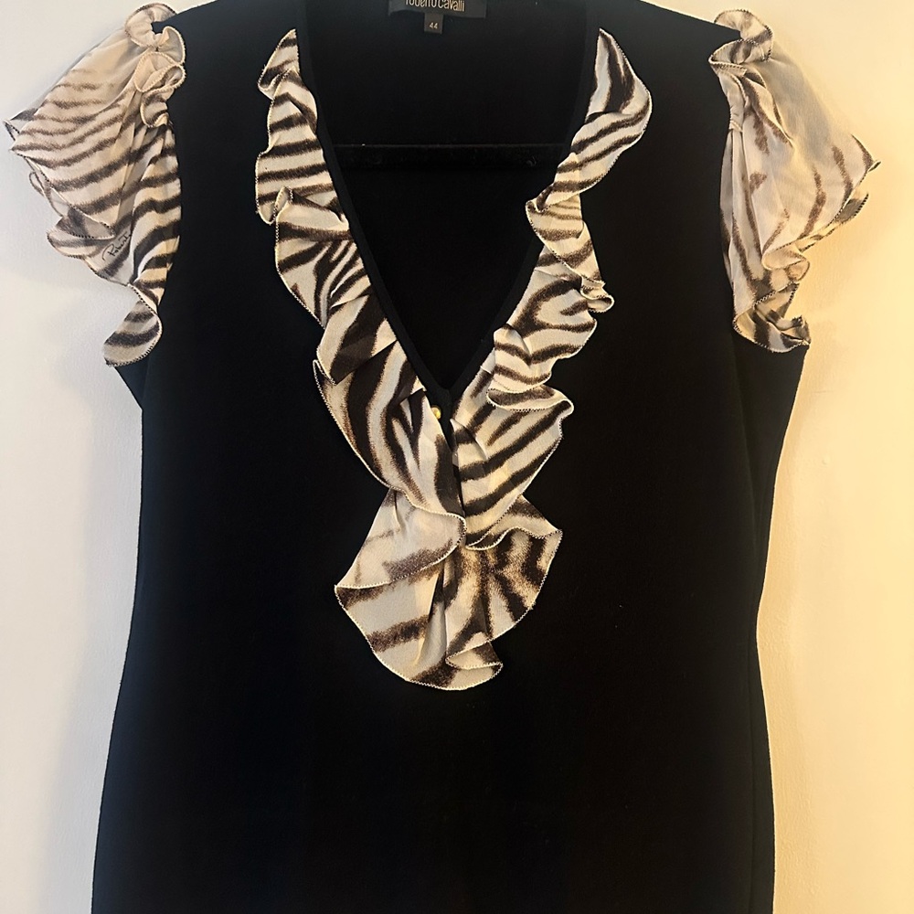 Vintage Roberto Cavalli black sweater top with animal/zebraprint ruffle sleeves